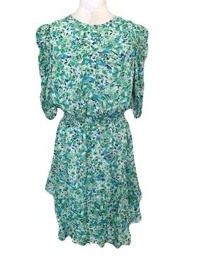 NWT Shoshanna 12 Green & Blue Floral Ruched Sleeve Elastic Waist Mini Dress